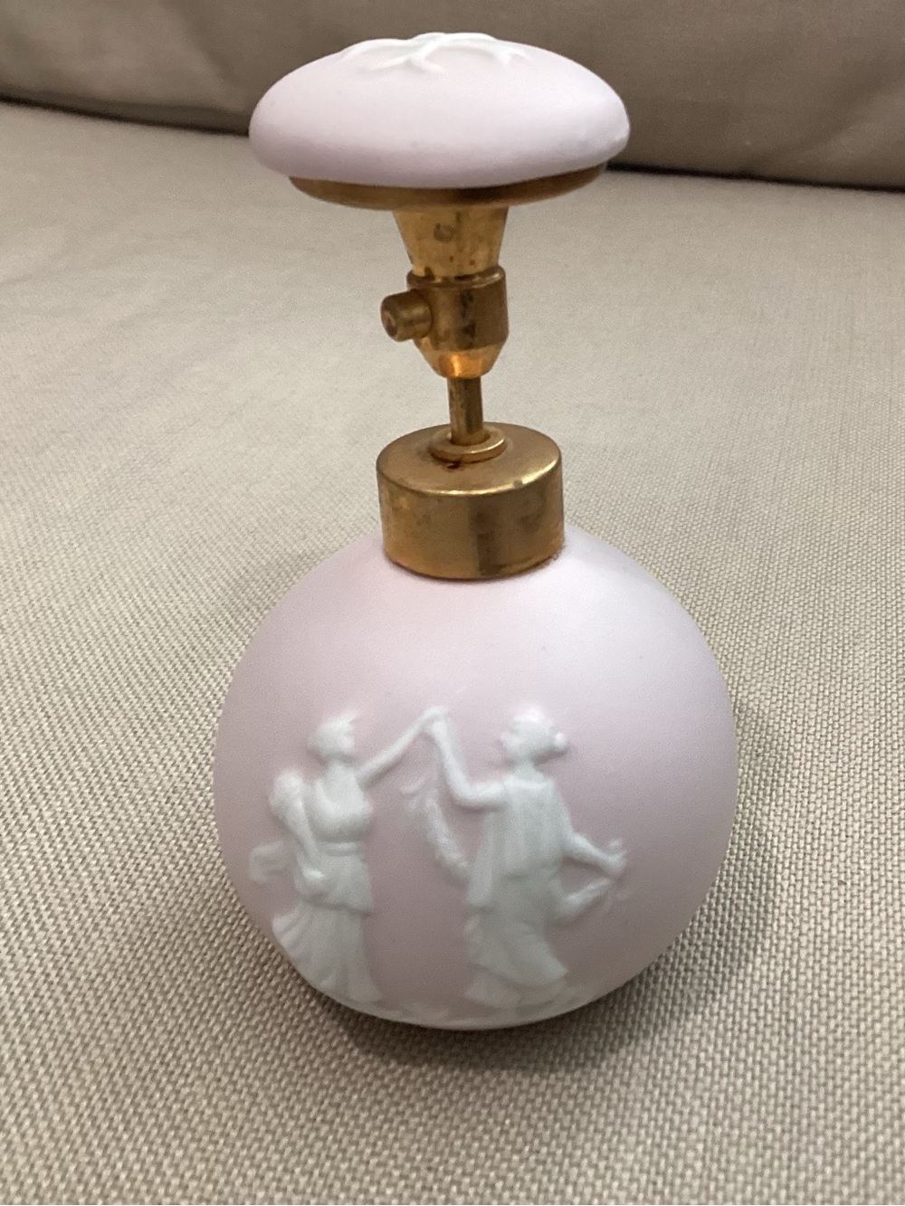 Vtg. Devilibliss Porcelain Perfume Atomizer bottle,Pink Satin hand-painted base